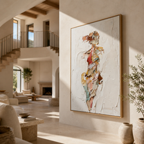 Fragments Dress the Quiet Figure - abstract fashion figure painting by Marcus Lau, retro modern vertical wall art – styled room scene view 5