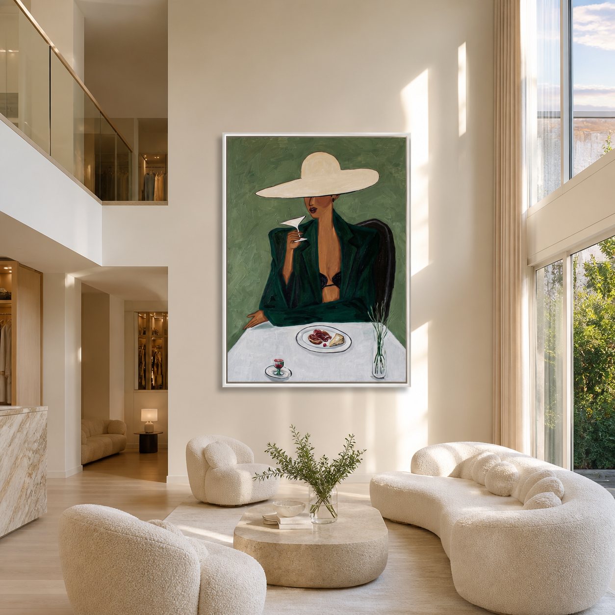 The White Brim Pauses for Coffee - woman at cafe painting by Marcus Lau, retro modern vertical wall art – styled room scene view 1