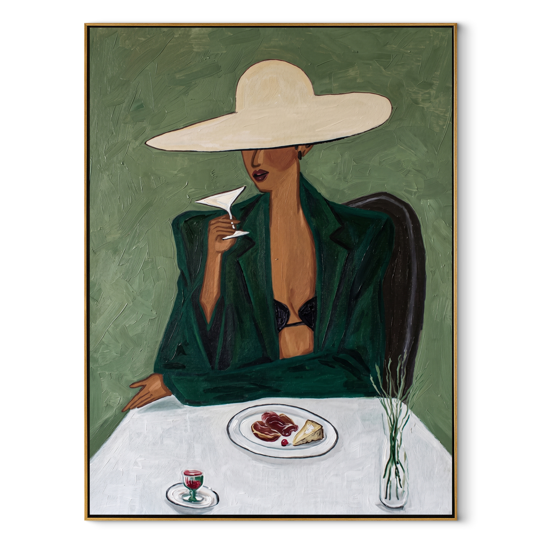 The White Brim Pauses for Coffee - woman at cafe painting by Marcus Lau, retro modern vertical wall art – wood frame on white background