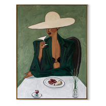 The White Brim Pauses for Coffee - woman at cafe painting by Marcus Lau, retro modern vertical wall art – wood frame on white background