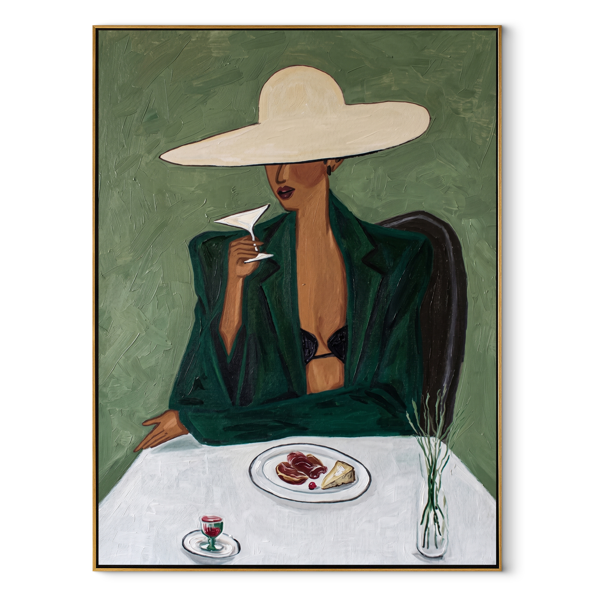 The White Brim Pauses for Coffee - woman at cafe painting by Marcus Lau, retro modern vertical wall art – wood frame on white background
