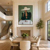 The White Brim Pauses for Coffee - woman at cafe painting by Marcus Lau, retro modern vertical wall art – styled room scene view 2