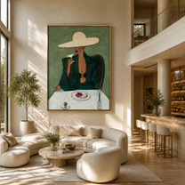 The White Brim Pauses for Coffee - woman at cafe painting by Marcus Lau, retro modern vertical wall art – styled room scene view 3