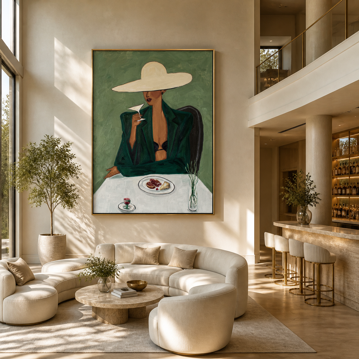 The White Brim Pauses for Coffee - woman at cafe painting by Marcus Lau, retro modern vertical wall art – styled room scene view 3