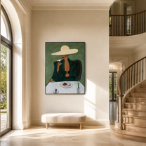 The White Brim Pauses for Coffee - woman at cafe painting by Marcus Lau, retro modern vertical wall art – styled room scene view 4
