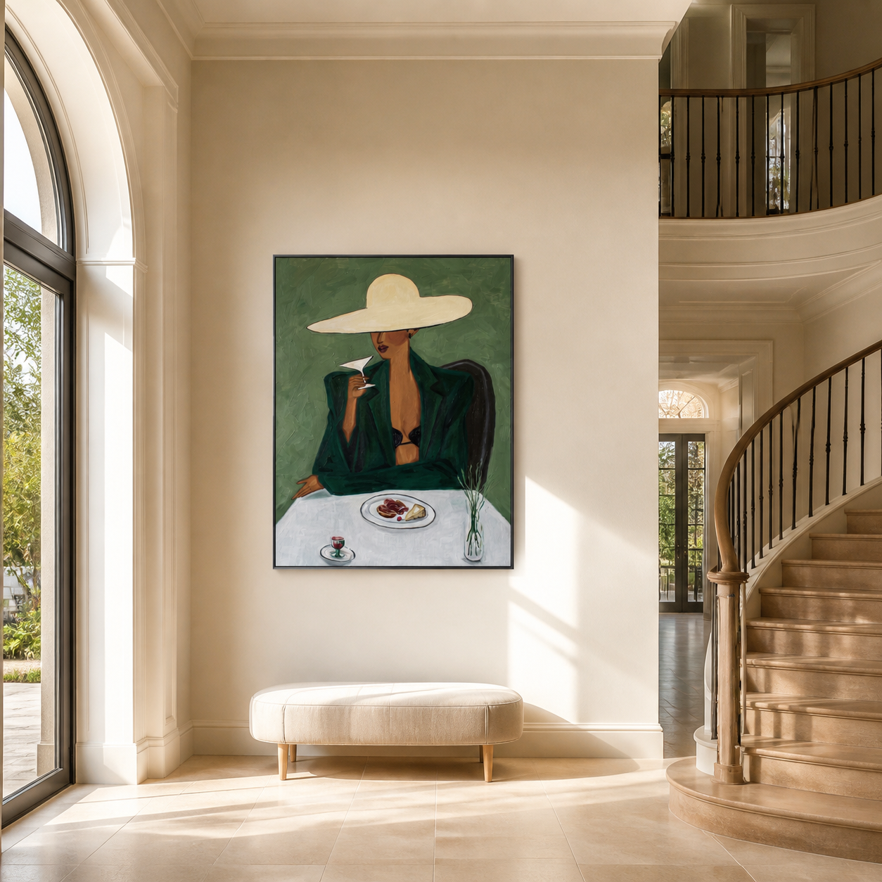 The White Brim Pauses for Coffee - woman at cafe painting by Marcus Lau, retro modern vertical wall art – styled room scene view 4