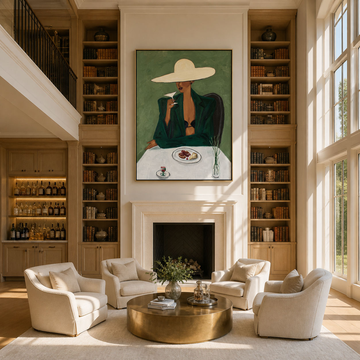 The White Brim Pauses for Coffee - woman at cafe painting by Marcus Lau, retro modern vertical wall art – styled room scene view 5