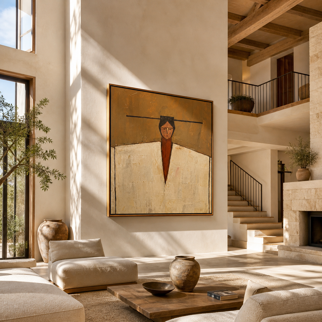 Ivory Shoulders Hold the Horizon - geometric fashion portrait by Marcus Lau, retro modern square wall art – styled room scene view 1