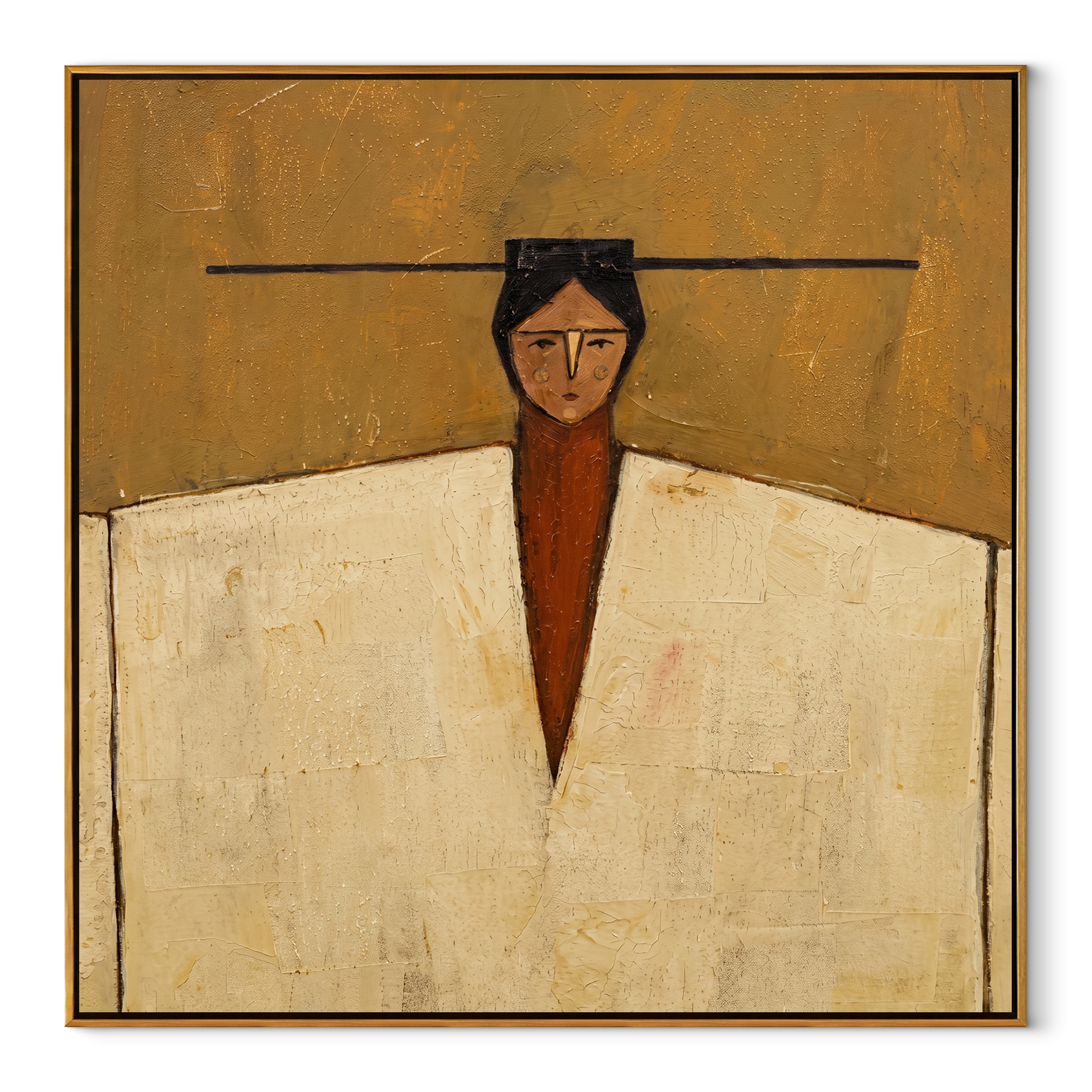 Ivory Shoulders Hold the Horizon - geometric fashion portrait by Marcus Lau, retro modern square wall art – wood frame on white background
