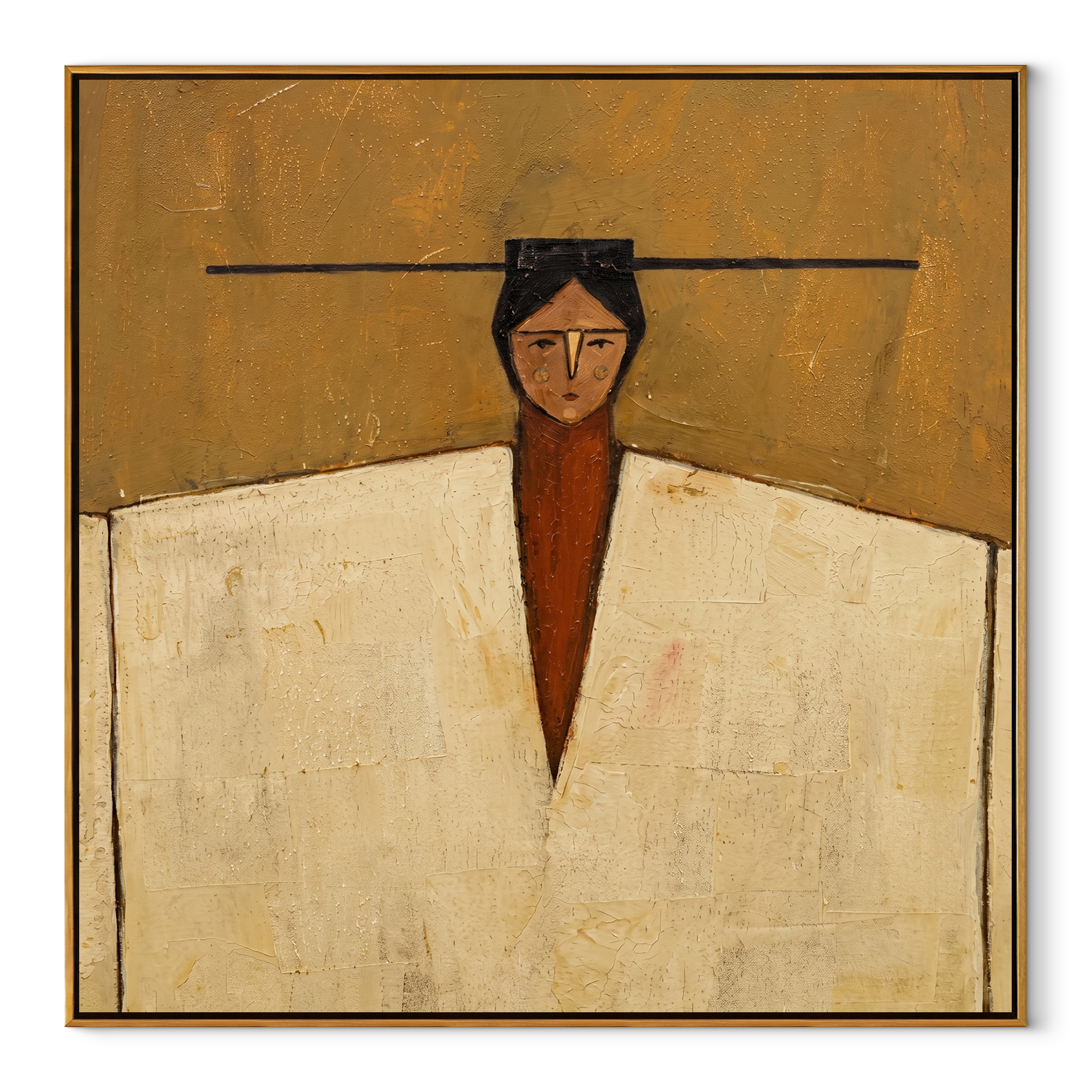 Ivory Shoulders Hold the Horizon - geometric fashion portrait by Marcus Lau, retro modern square wall art – wood frame on white background