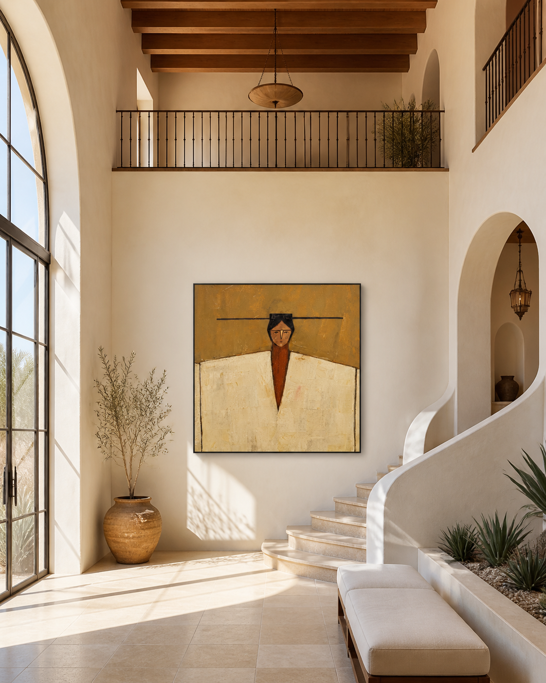 Ivory Shoulders Hold the Horizon - geometric fashion portrait by Marcus Lau, retro modern square wall art – styled room scene view 2