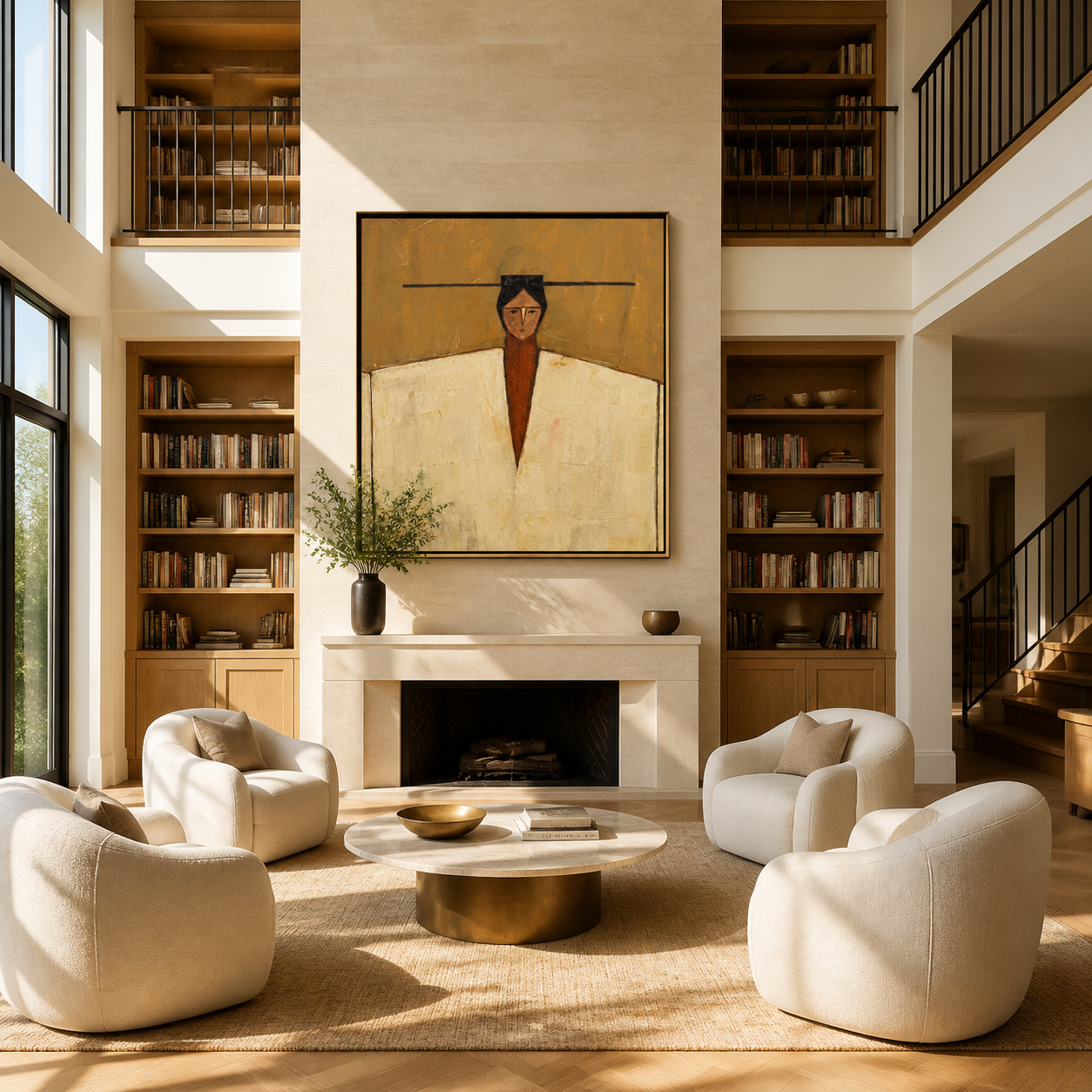 Ivory Shoulders Hold the Horizon - geometric fashion portrait by Marcus Lau, retro modern square wall art – styled room scene view 3
