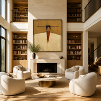 Ivory Shoulders Hold the Horizon - geometric fashion portrait by Marcus Lau, retro modern square wall art – styled room scene view 3