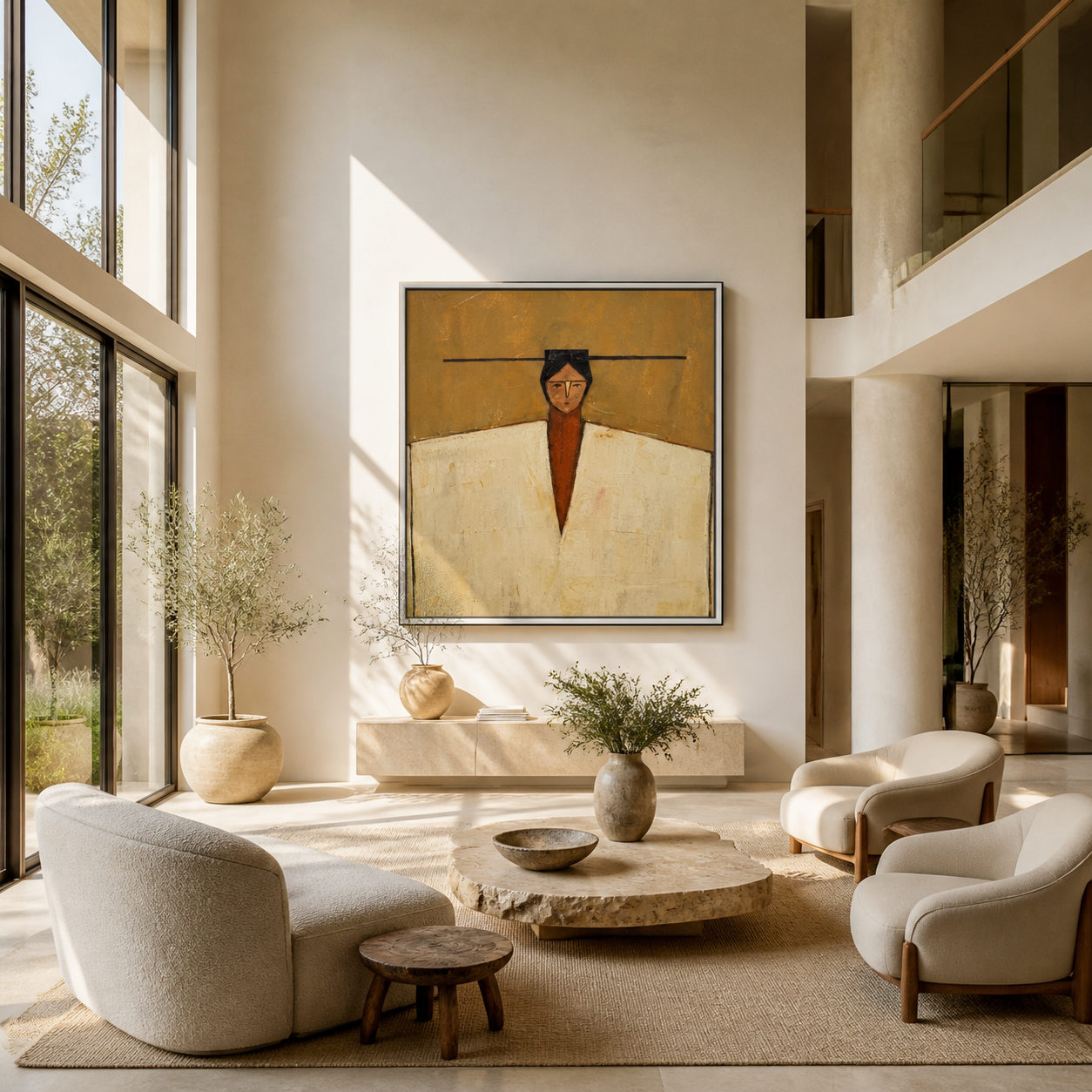 Ivory Shoulders Hold the Horizon - geometric fashion portrait by Marcus Lau, retro modern square wall art – styled room scene view 4
