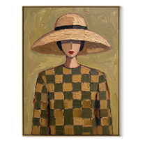 Checks Gather beneath the Straw Brim - checkered dress woman painting by Marcus Lau, retro modern vertical wall art – wood frame on white background