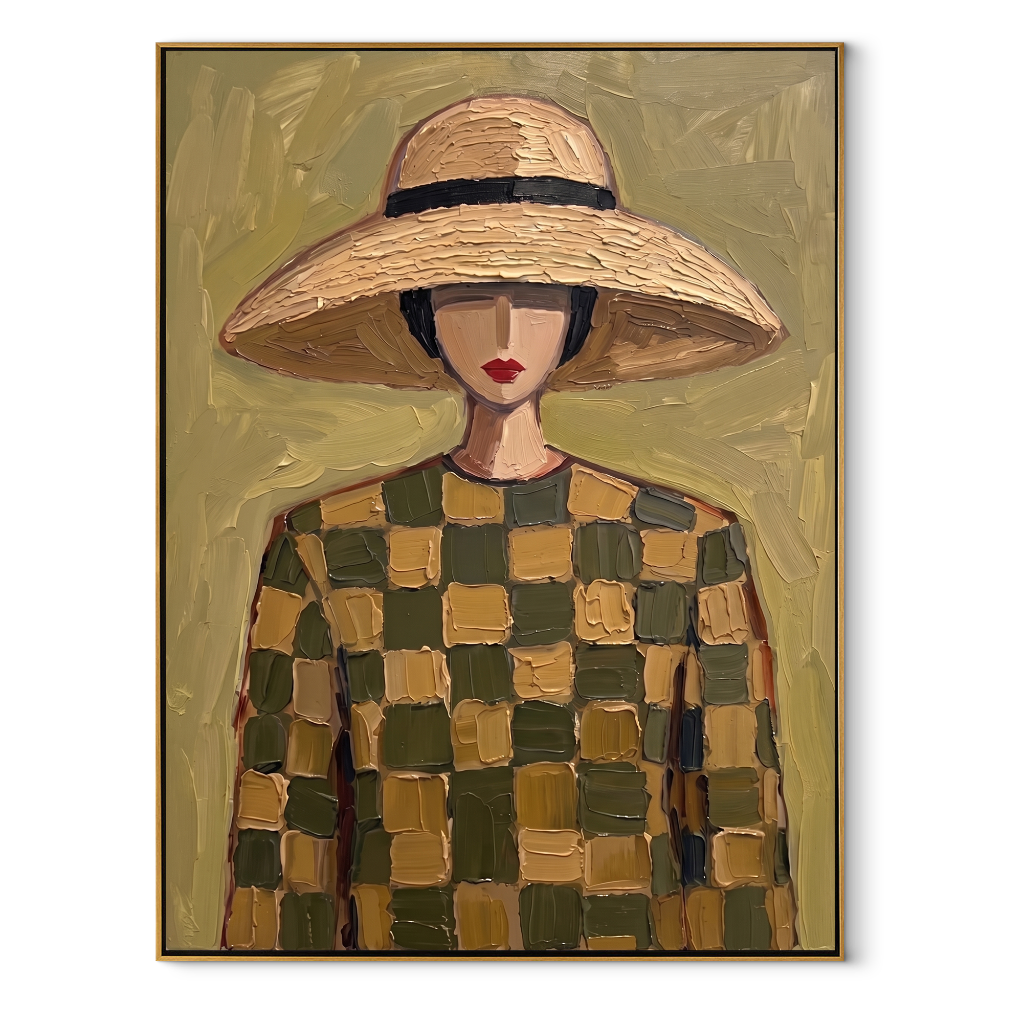 Checks Gather beneath the Straw Brim - checkered dress woman painting by Marcus Lau, retro modern vertical wall art – wood frame on white background