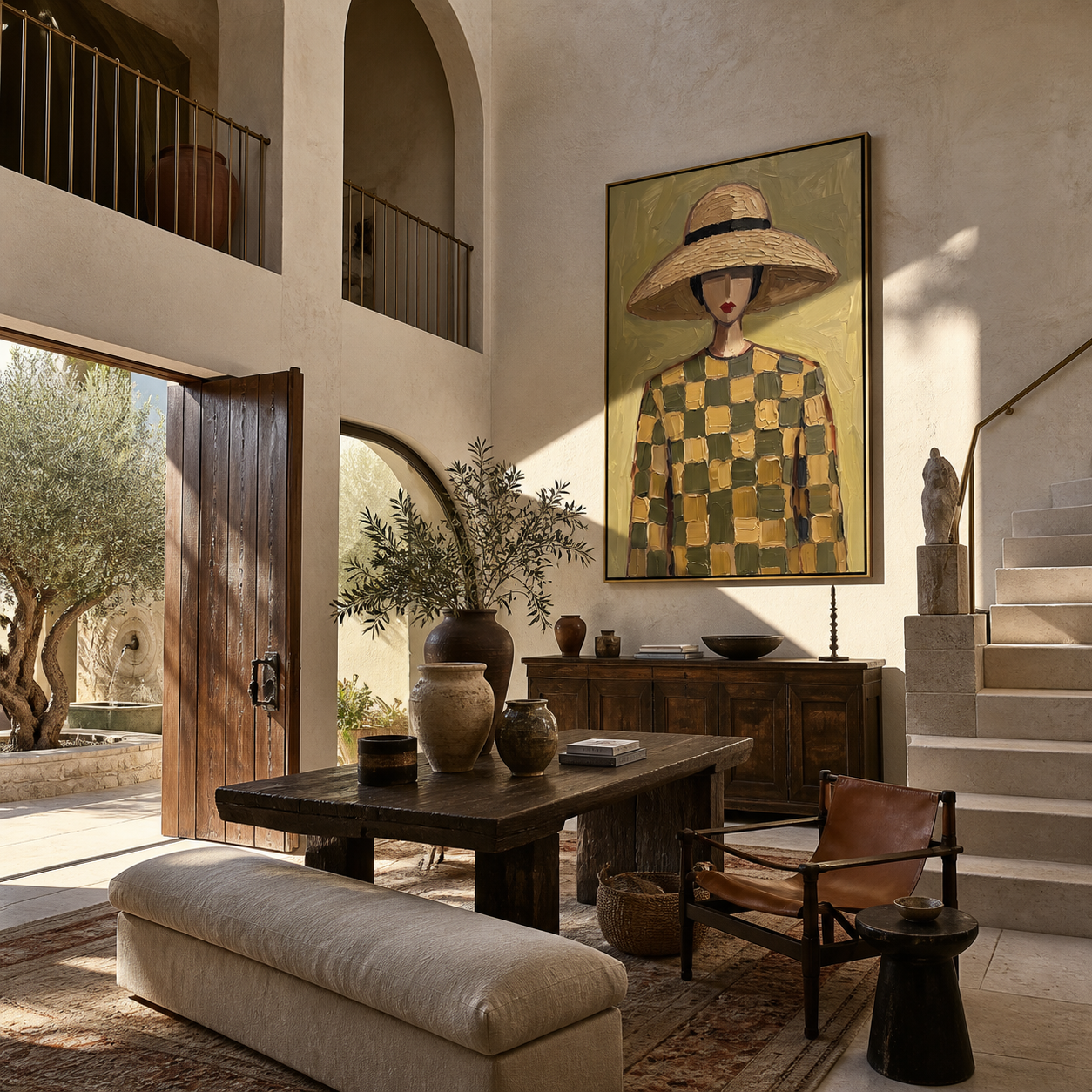 Checks Gather beneath the Straw Brim - checkered dress woman painting by Marcus Lau, retro modern vertical wall art – styled room scene view 2