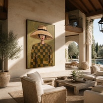 Checks Gather beneath the Straw Brim - checkered dress woman painting by Marcus Lau, retro modern vertical wall art – styled room scene view 3