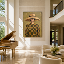 Checks Gather beneath the Straw Brim - checkered dress woman painting by Marcus Lau, retro modern vertical wall art – styled room scene view 4