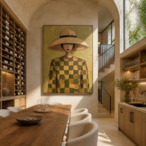 Checks Gather beneath the Straw Brim - checkered dress woman painting by Marcus Lau, retro modern vertical wall art – styled room scene view 5
