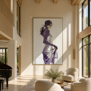 Violet Turns through the White Room - abstract woman painting by Marcus Lau, retro modern vertical wall art – styled room scene view 1