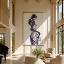 Violet Turns through the White Room - abstract woman painting by Marcus Lau, retro modern vertical wall art – styled room scene view 1