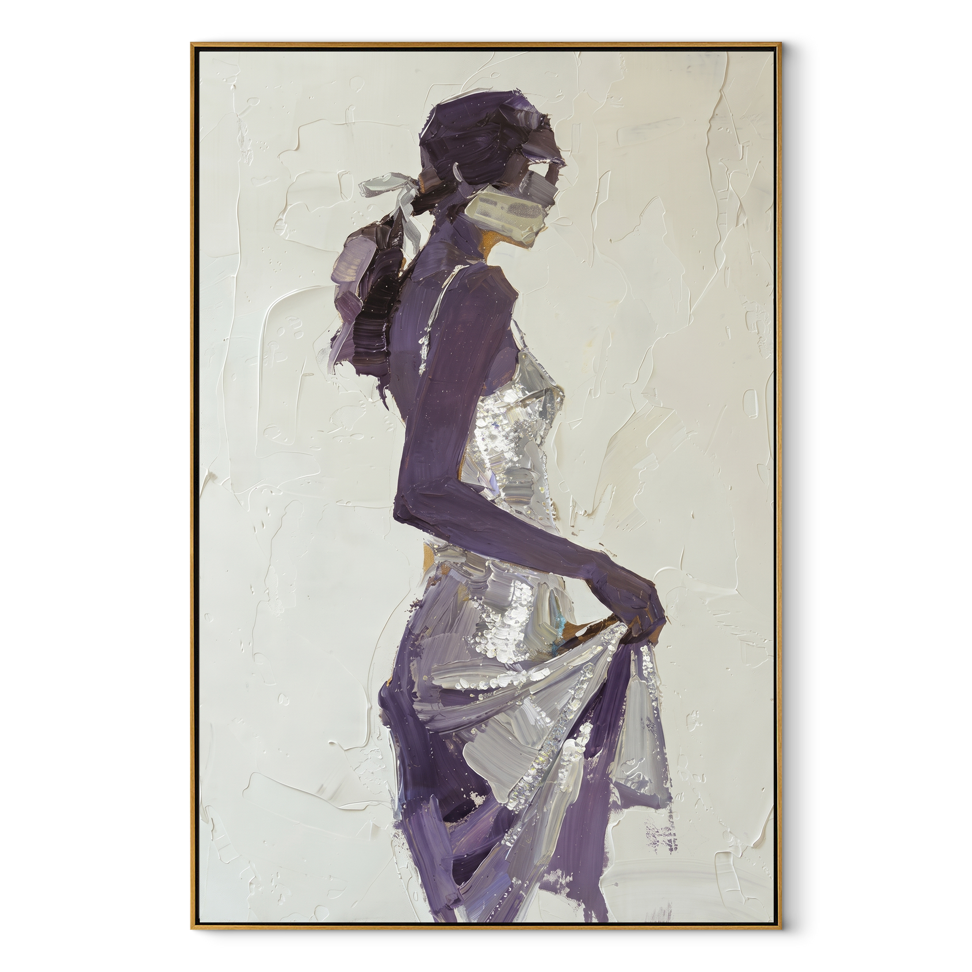Violet Turns through the White Room - abstract woman painting by Marcus Lau, retro modern vertical wall art – wood frame on white background