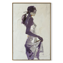 Violet Turns through the White Room - abstract woman painting by Marcus Lau, retro modern vertical wall art – wood frame on white background