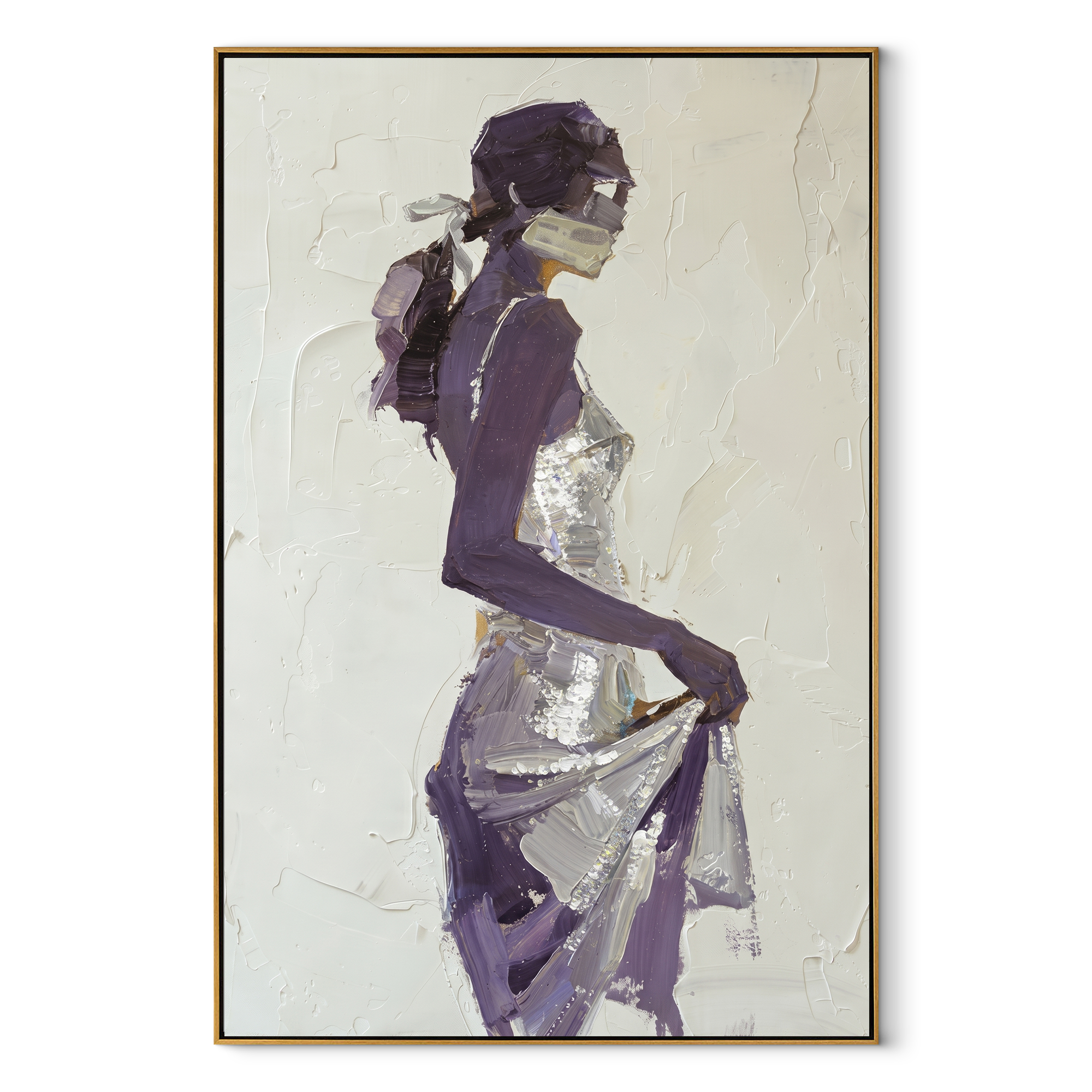 Violet Turns through the White Room - abstract woman painting by Marcus Lau, retro modern vertical wall art – wood frame on white background