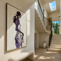 Violet Turns through the White Room - abstract woman painting by Marcus Lau, retro modern vertical wall art – styled room scene view 2