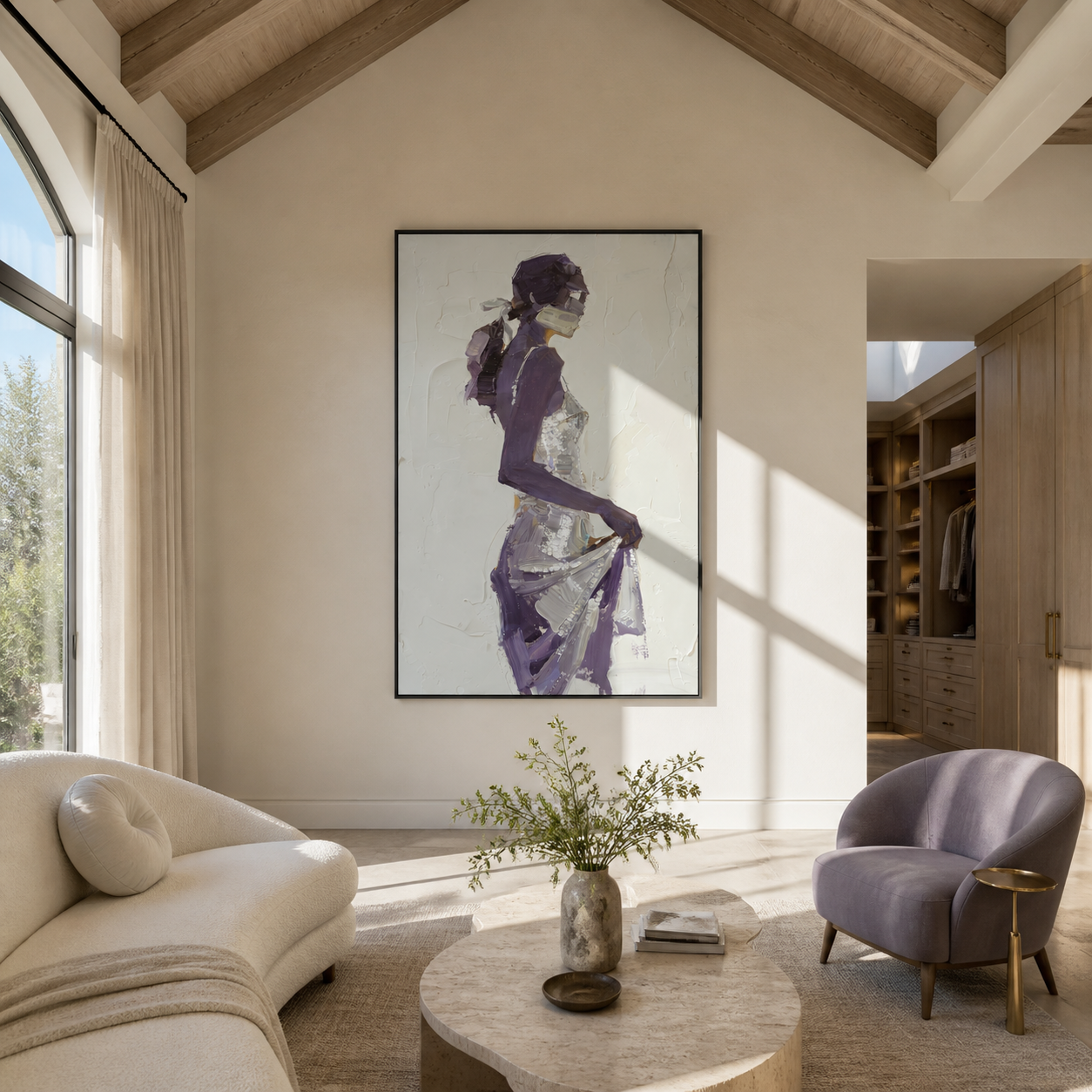 Violet Turns through the White Room - abstract woman painting by Marcus Lau, retro modern vertical wall art – styled room scene view 3
