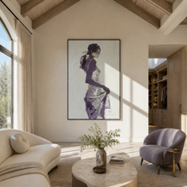 Violet Turns through the White Room - abstract woman painting by Marcus Lau, retro modern vertical wall art – styled room scene view 3