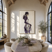 Violet Turns through the White Room - abstract woman painting by Marcus Lau, retro modern vertical wall art – styled room scene view 4