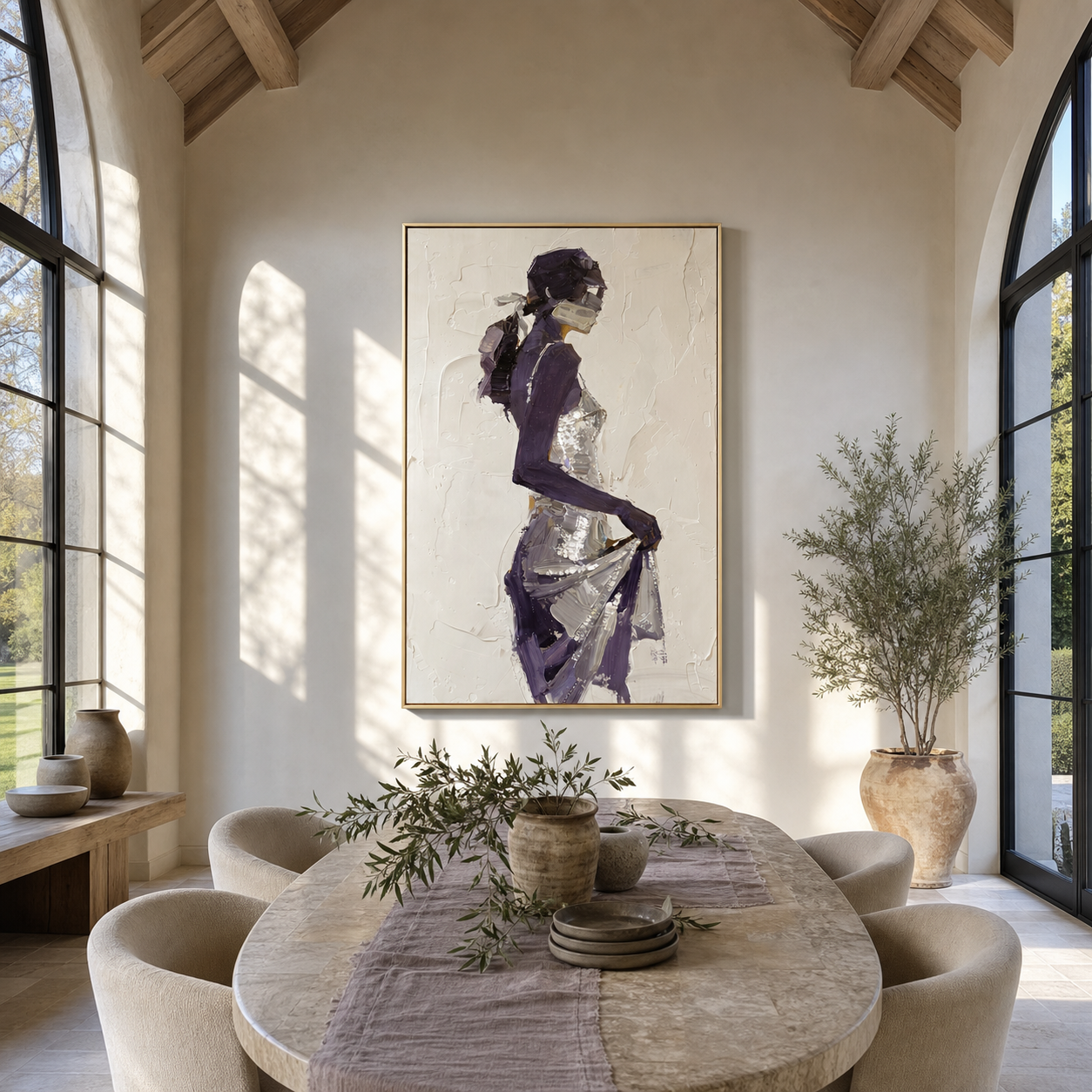 Violet Turns through the White Room - abstract woman painting by Marcus Lau, retro modern vertical wall art – styled room scene view 4