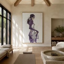 Violet Turns through the White Room - abstract woman painting by Marcus Lau, retro modern vertical wall art – styled room scene view 5