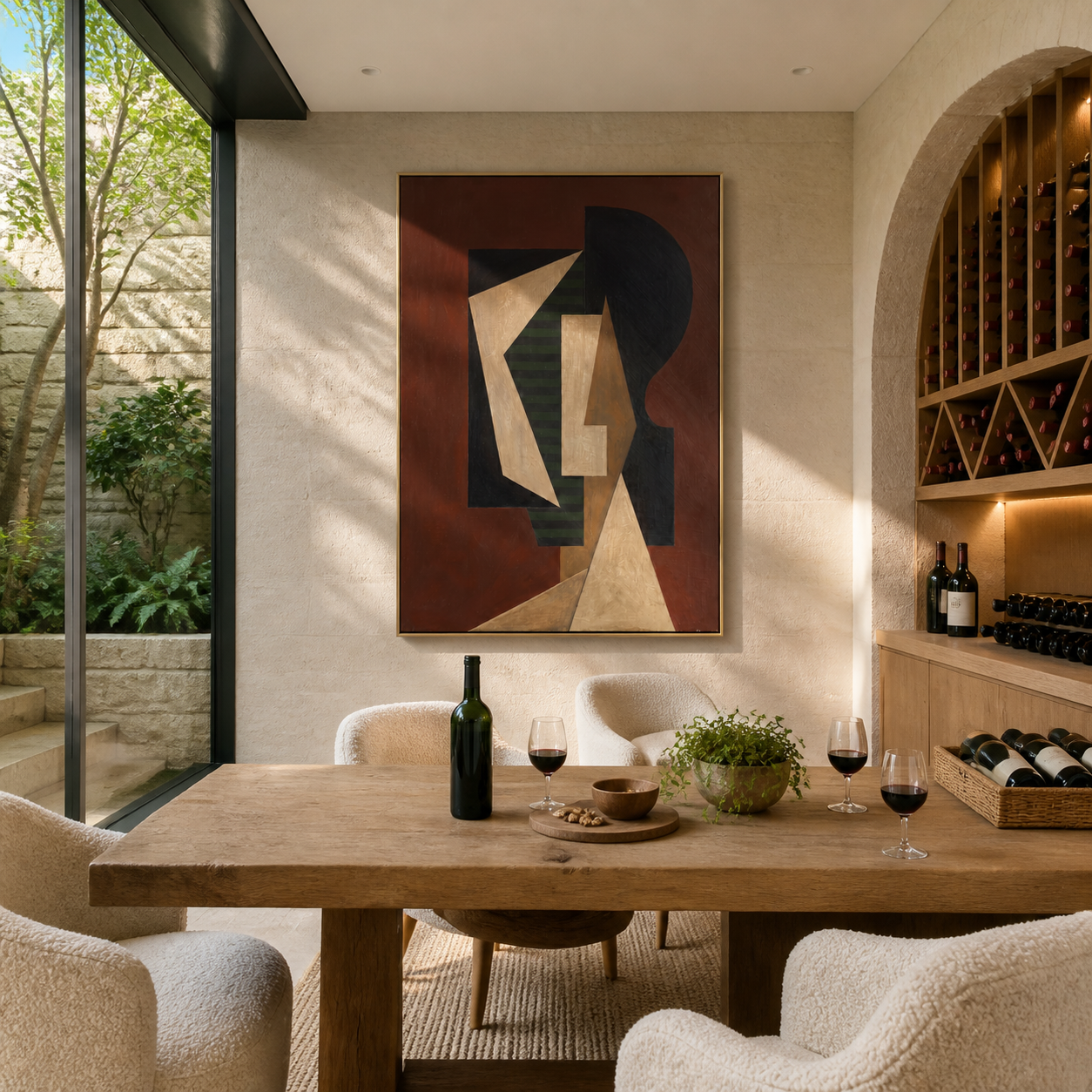 Geometry Wears the Dark Room - cubist fashion figure painting by Marcus Lau, retro modern vertical wall art – styled room scene view 1