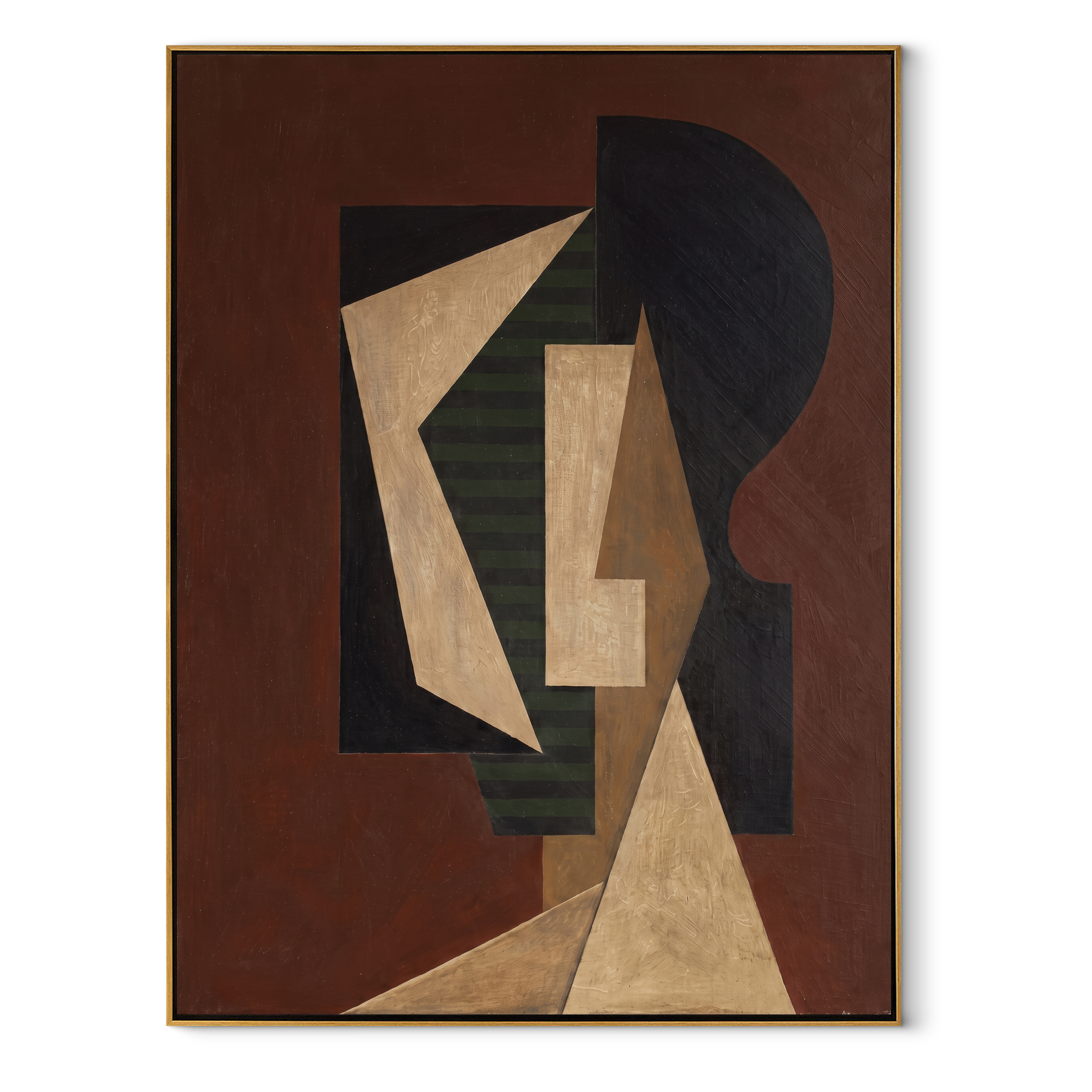 Geometry Wears the Dark Room - cubist fashion figure painting by Marcus Lau, retro modern vertical wall art – wood frame on white background
