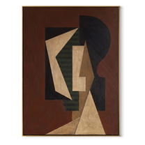 Geometry Wears the Dark Room - cubist fashion figure painting by Marcus Lau, retro modern vertical wall art – wood frame on white background