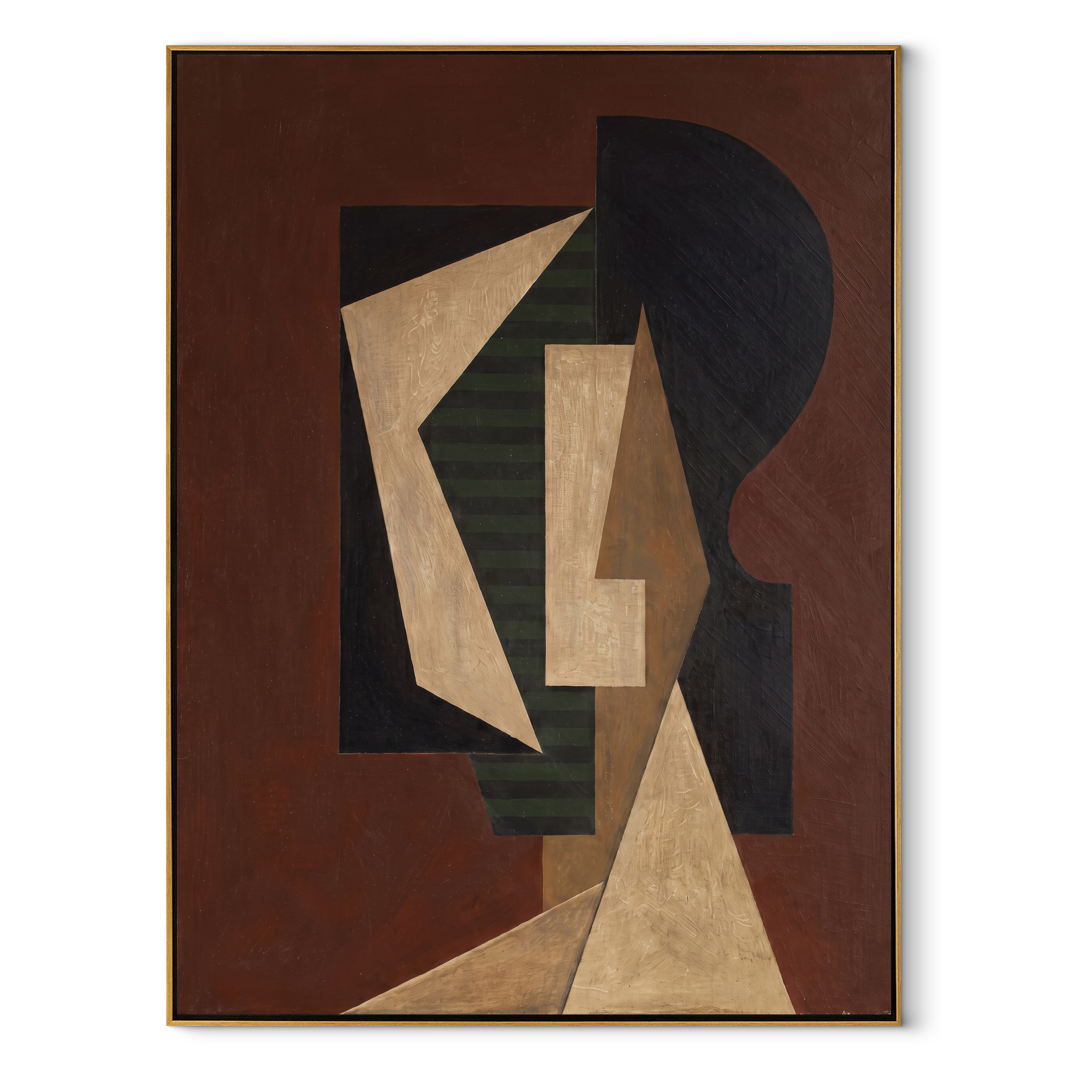 Geometry Wears the Dark Room - cubist fashion figure painting by Marcus Lau, retro modern vertical wall art – wood frame on white background