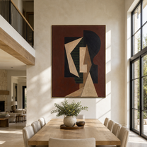 Geometry Wears the Dark Room - cubist fashion figure painting by Marcus Lau, retro modern vertical wall art – styled room scene view 2