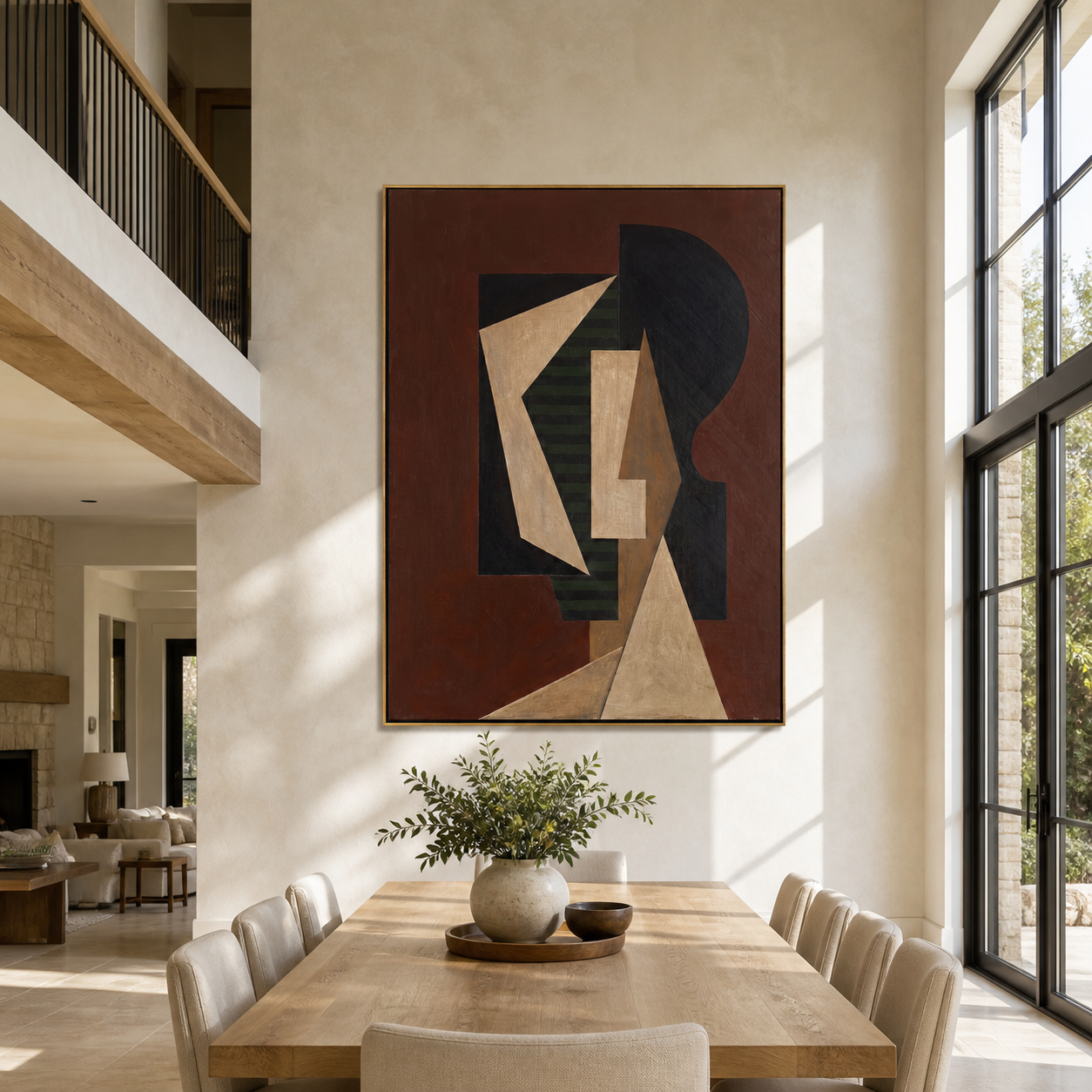 Geometry Wears the Dark Room - cubist fashion figure painting by Marcus Lau, retro modern vertical wall art – styled room scene view 2