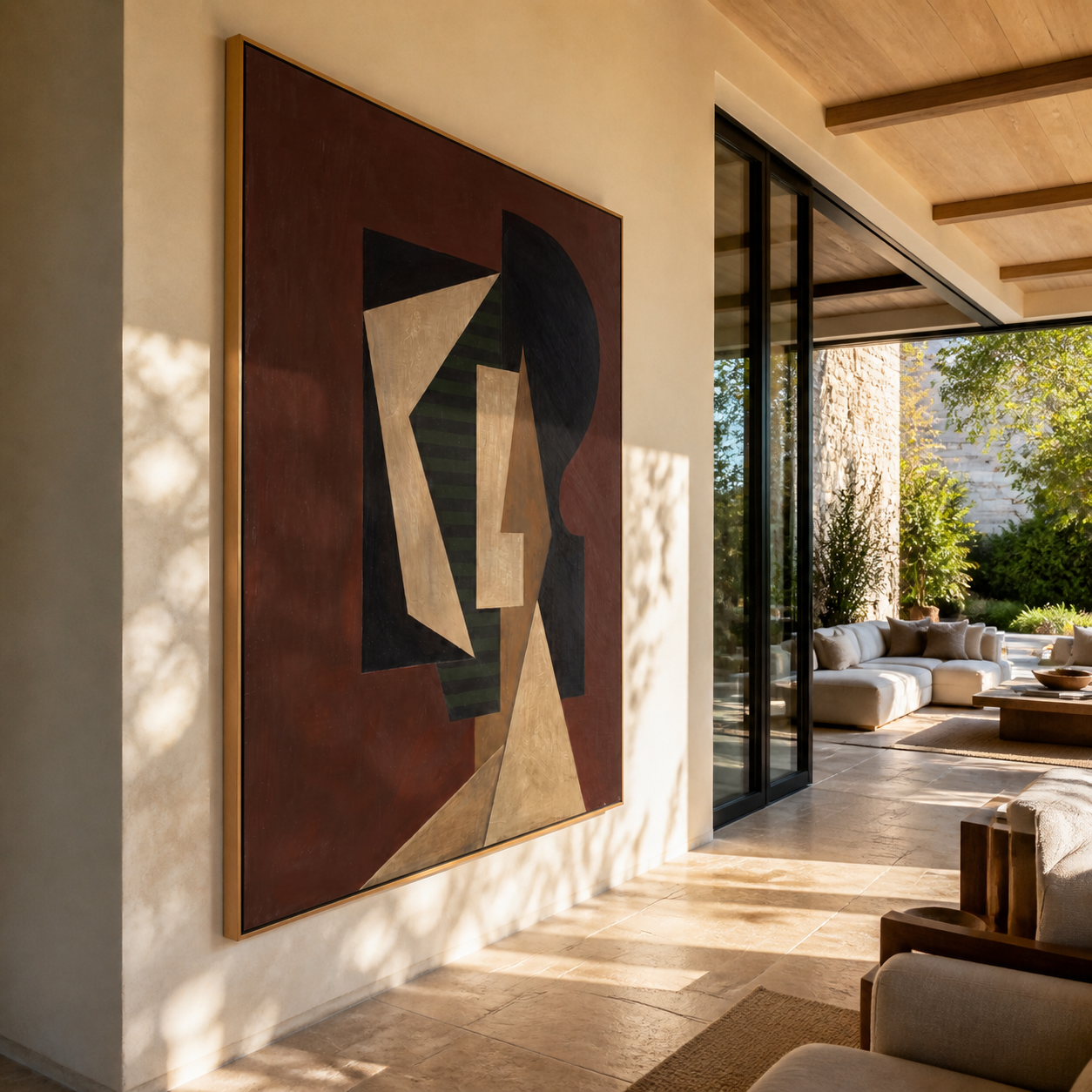 Geometry Wears the Dark Room - cubist fashion figure painting by Marcus Lau, retro modern vertical wall art – styled room scene view 3