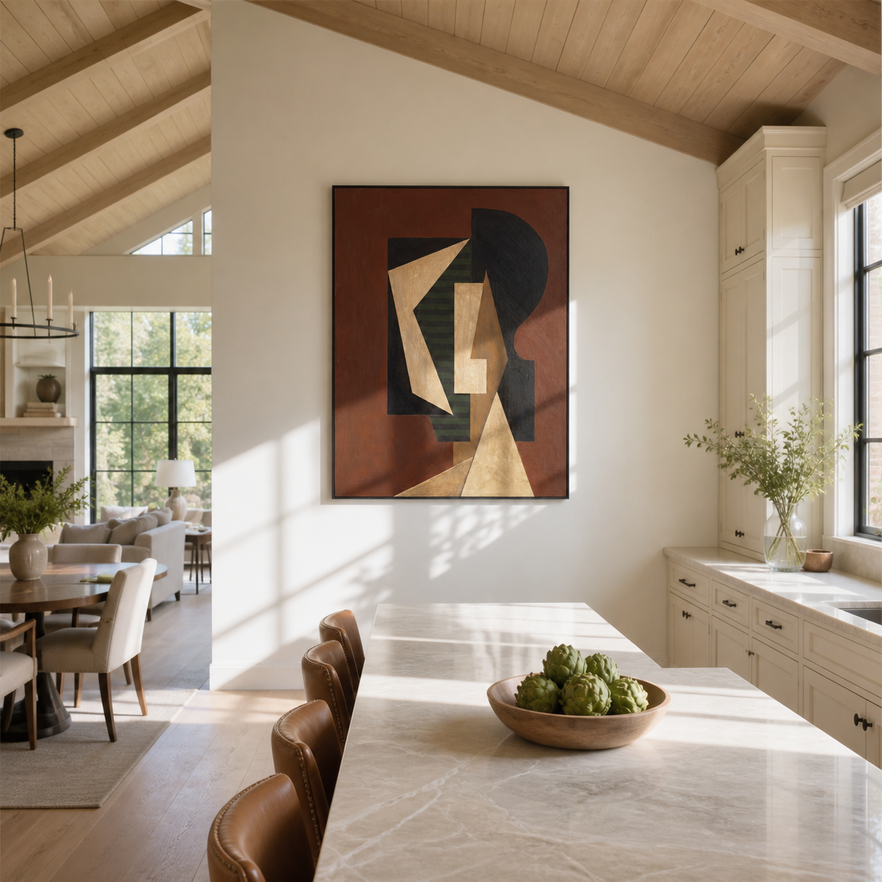 Geometry Wears the Dark Room - cubist fashion figure painting by Marcus Lau, retro modern vertical wall art – styled room scene view 4