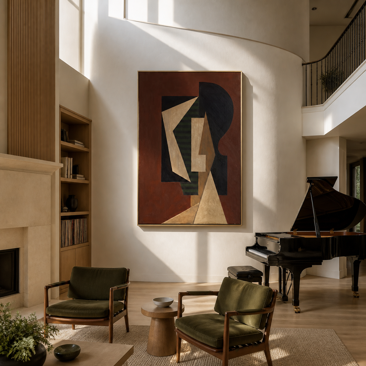 Geometry Wears the Dark Room - cubist fashion figure painting by Marcus Lau, retro modern vertical wall art – styled room scene view 5