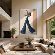 Striped Sleeves Carry the Morning Cup - coffee woman painting by Marcus Lau, retro modern vertical wall art – styled room scene view 1