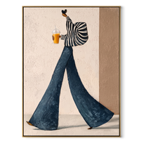 Striped Sleeves Carry the Morning Cup - coffee woman painting by Marcus Lau, retro modern vertical wall art – wood frame on white background
