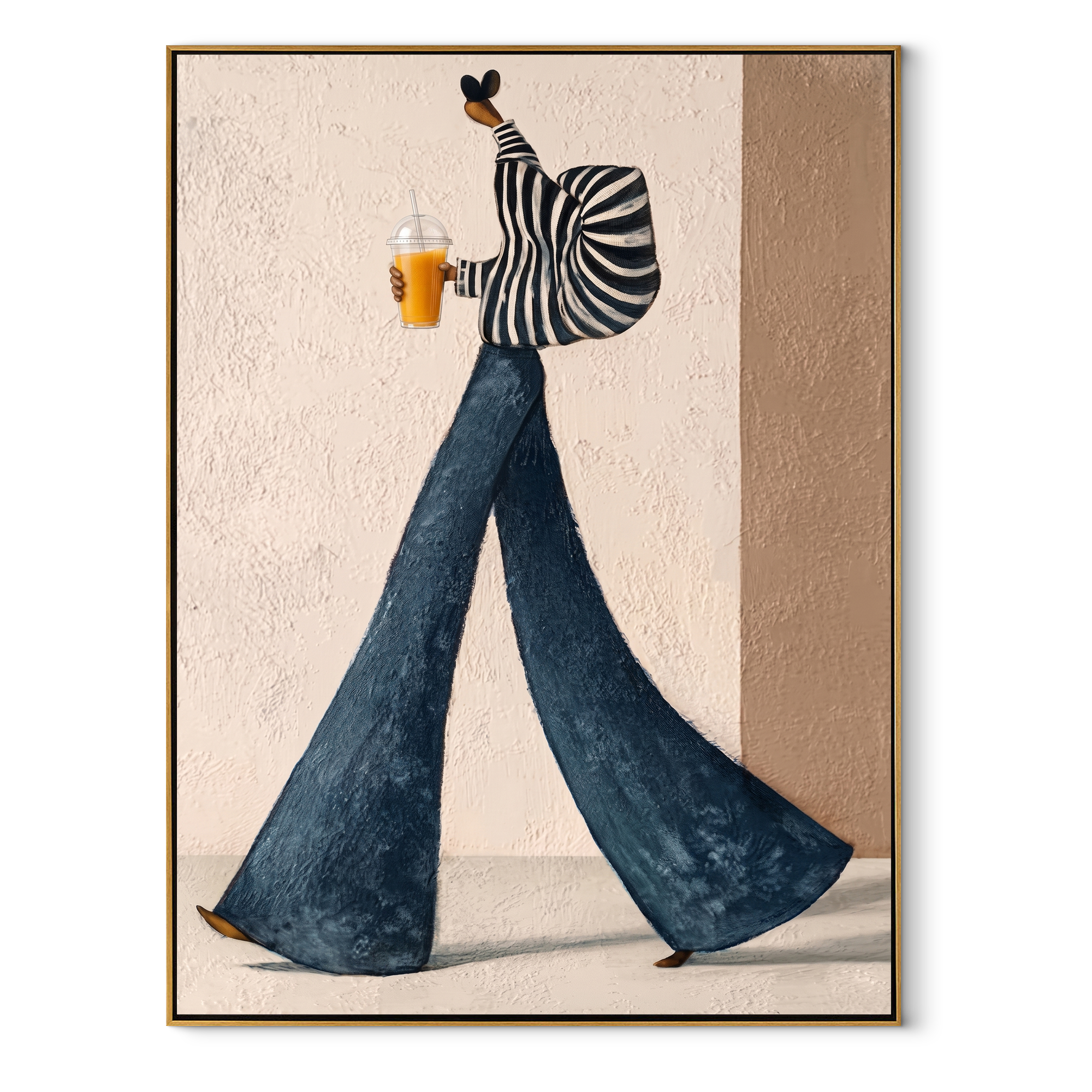Striped Sleeves Carry the Morning Cup - coffee woman painting by Marcus Lau, retro modern vertical wall art – wood frame on white background