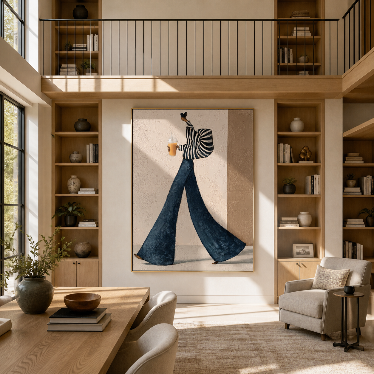 Striped Sleeves Carry the Morning Cup - coffee woman painting by Marcus Lau, retro modern vertical wall art – styled room scene view 2