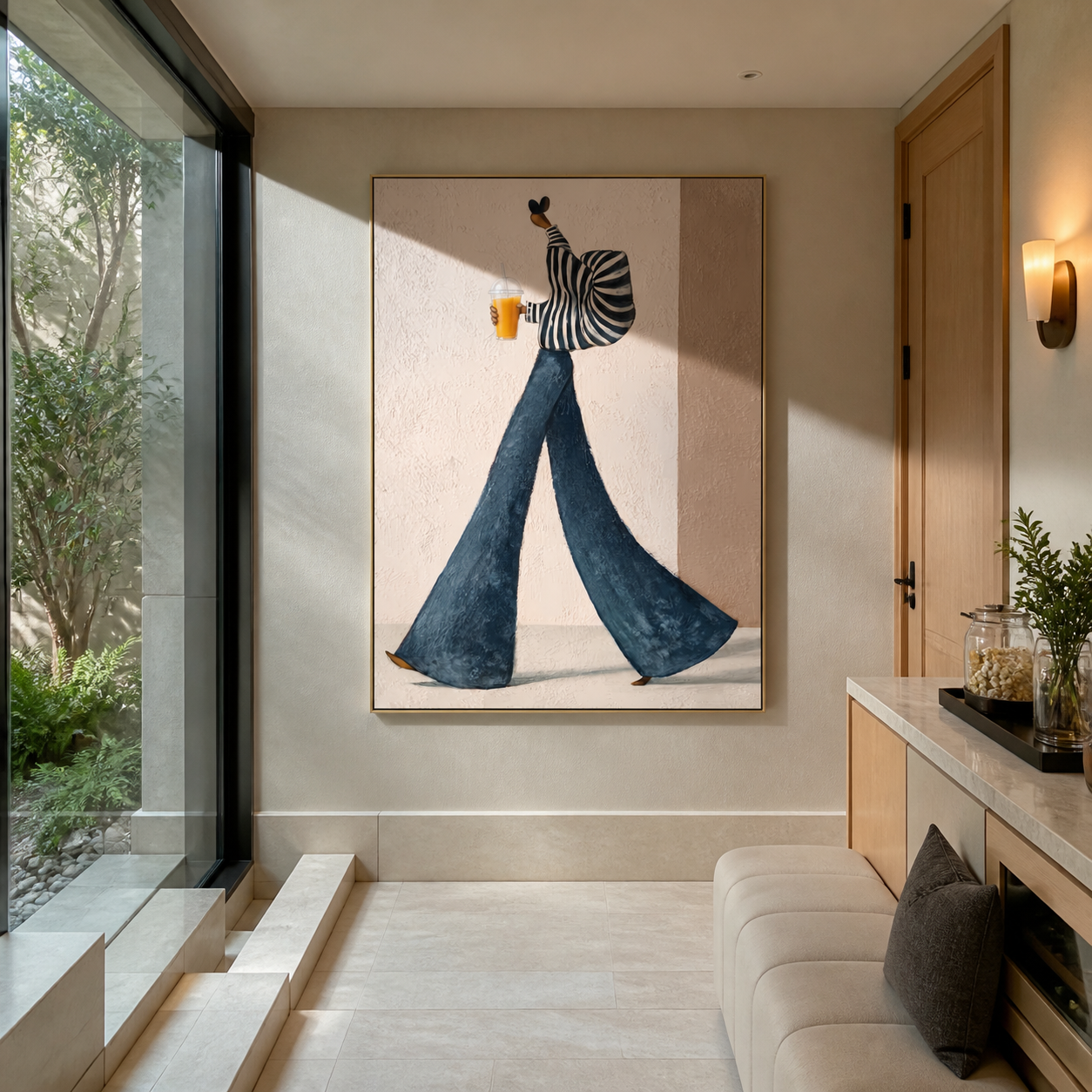 Striped Sleeves Carry the Morning Cup - coffee woman painting by Marcus Lau, retro modern vertical wall art – styled room scene view 3