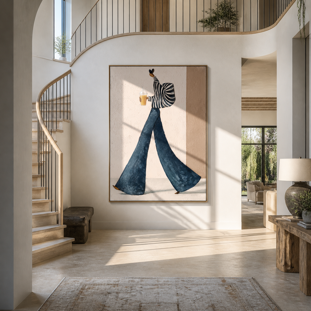 Striped Sleeves Carry the Morning Cup - coffee woman painting by Marcus Lau, retro modern vertical wall art – styled room scene view 4